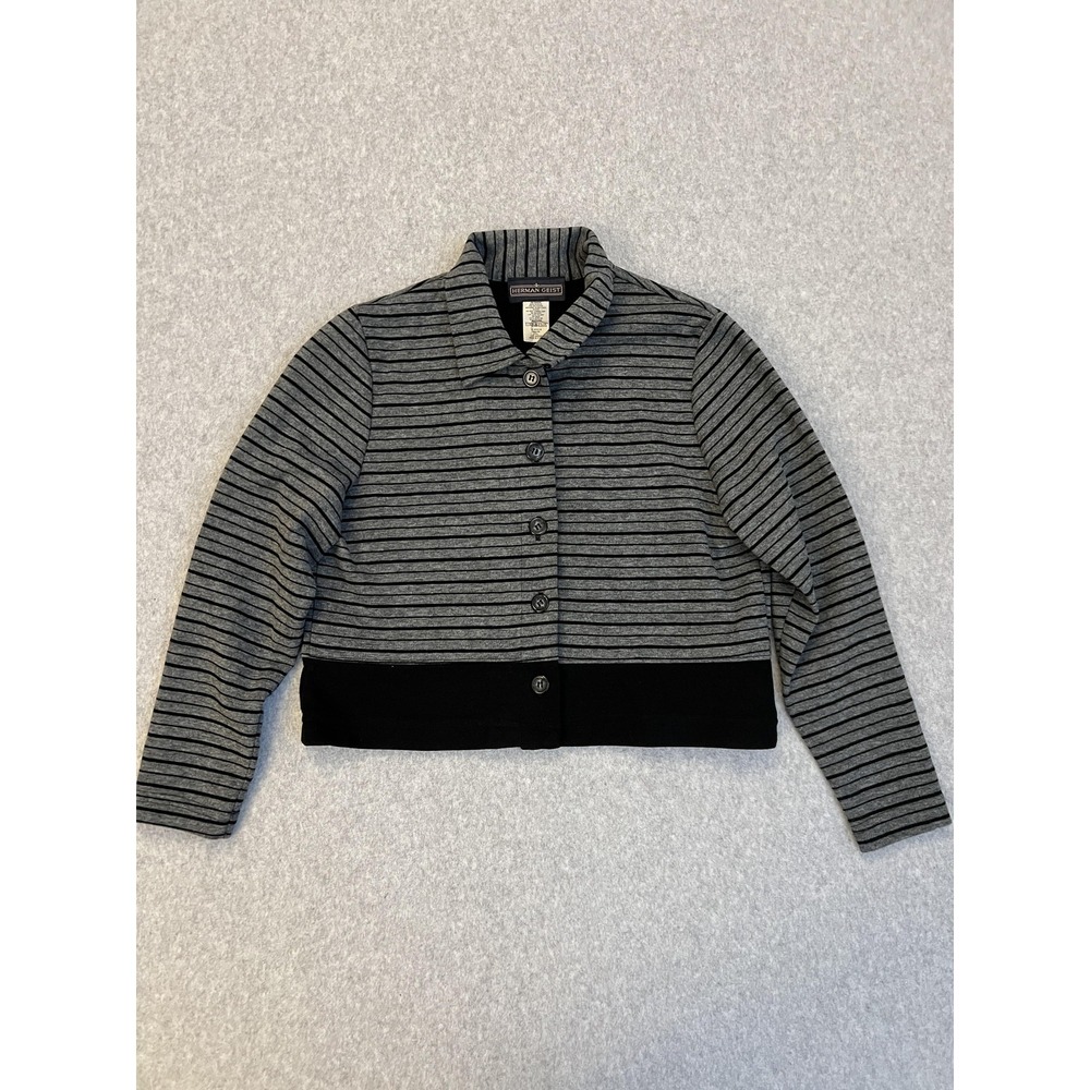 Herman Geist Cardigan Sweater Womens PS Gray Stripe Mock Neck Button Knit